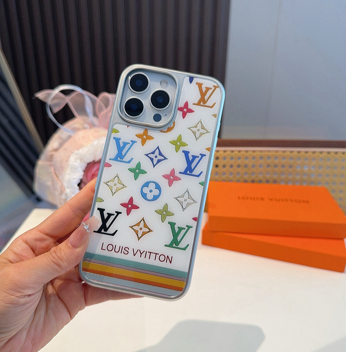 LV New Arrival Gilded Craft Electroplated Glass Phone Case
