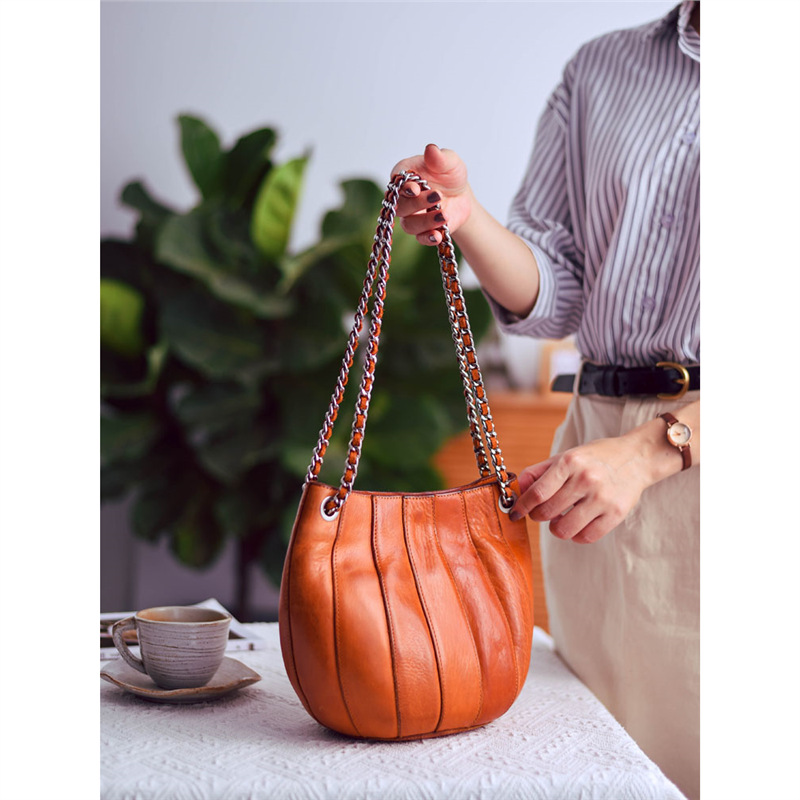 Pleated Leather Chain Hobo