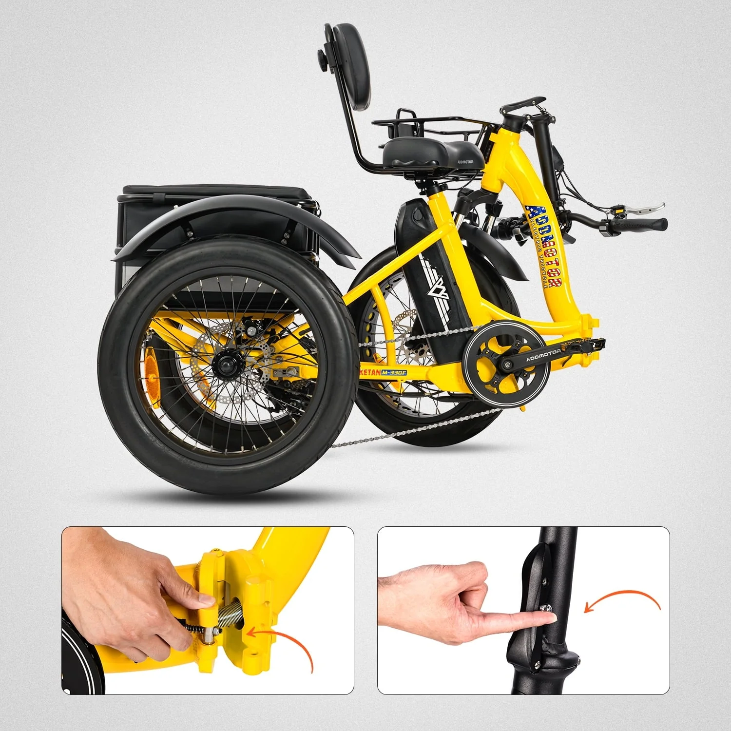 Addmotor M-330F Folding Electric Tricycle, 750W, 48V 20Ah, Yellow
