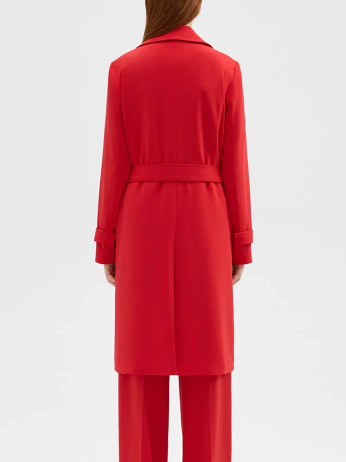 Solid color tie-waist mid-length trench coat