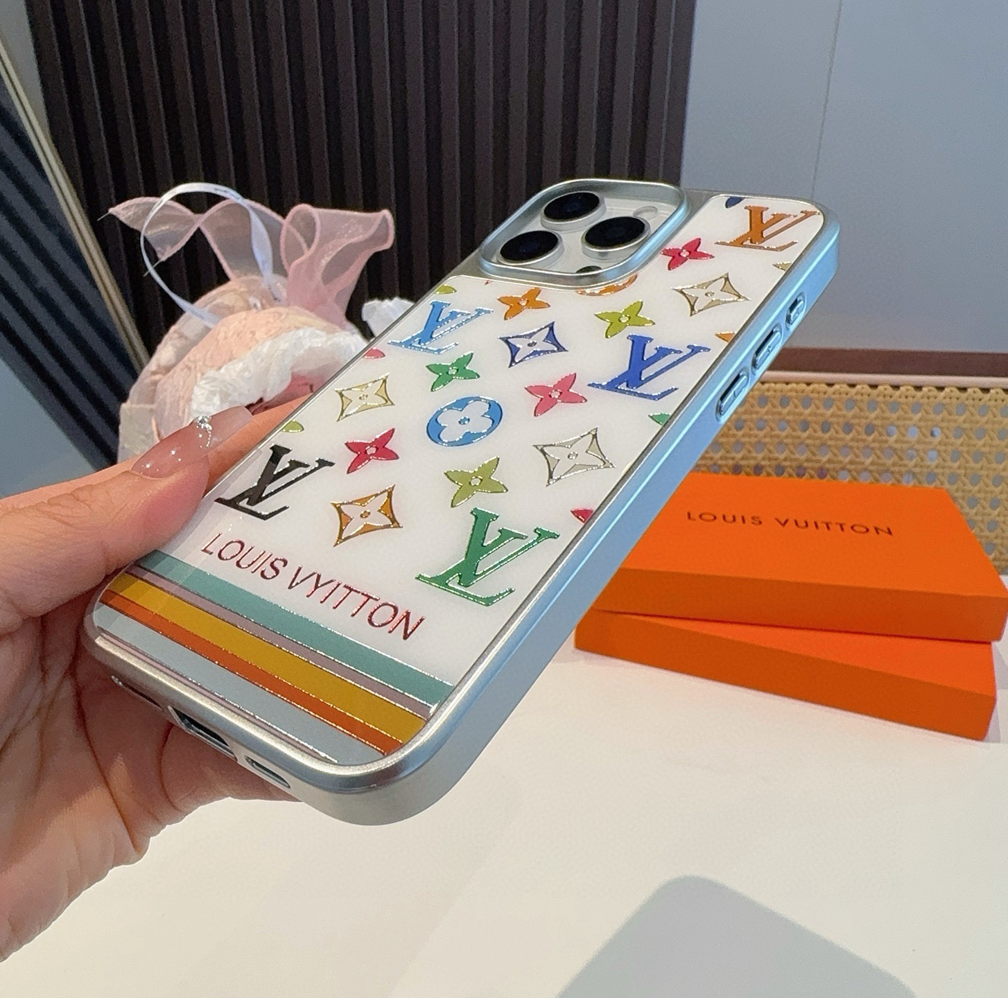 LV New Arrival Gilded Craft Electroplated Glass Phone Case