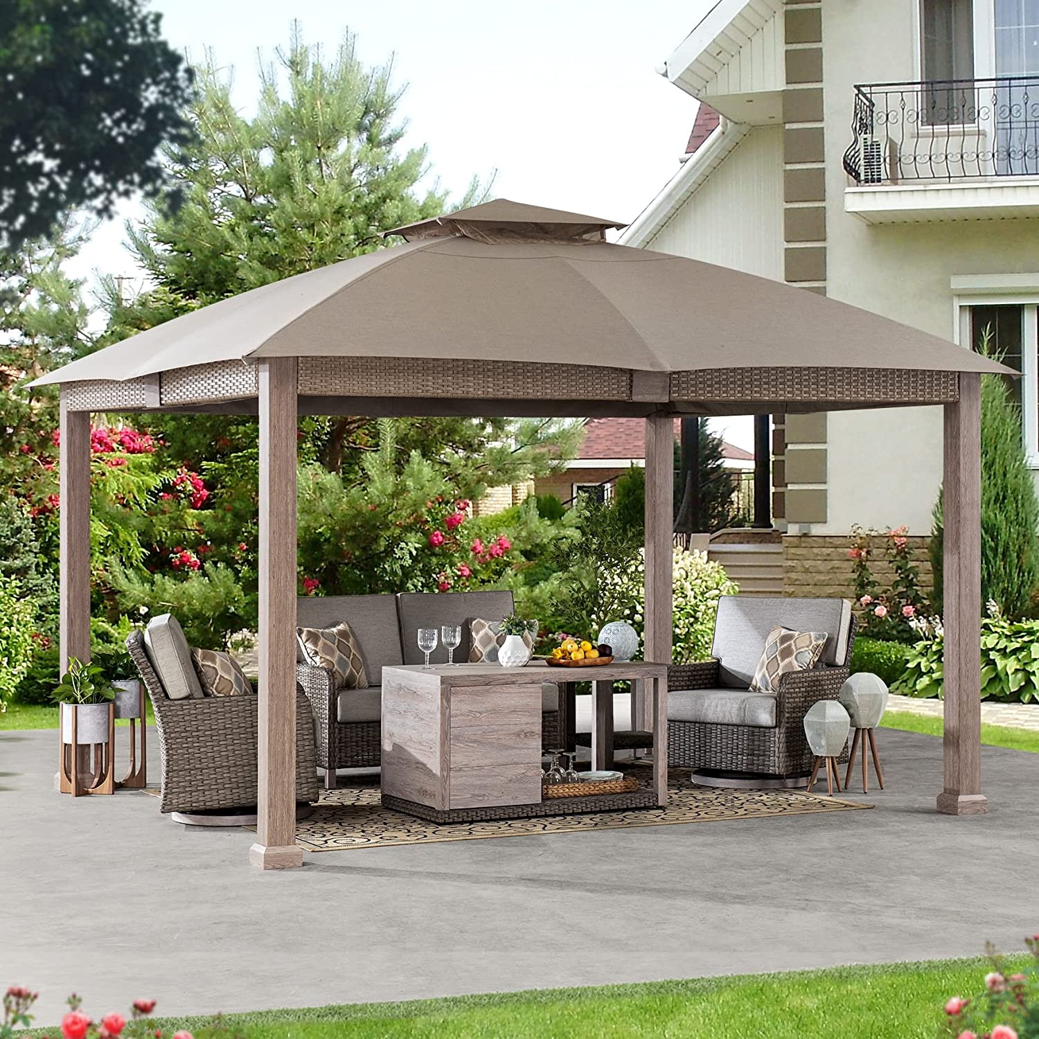 Outdoor Patio Steel 2-Tier Soft Top Gazebo with Netting &
