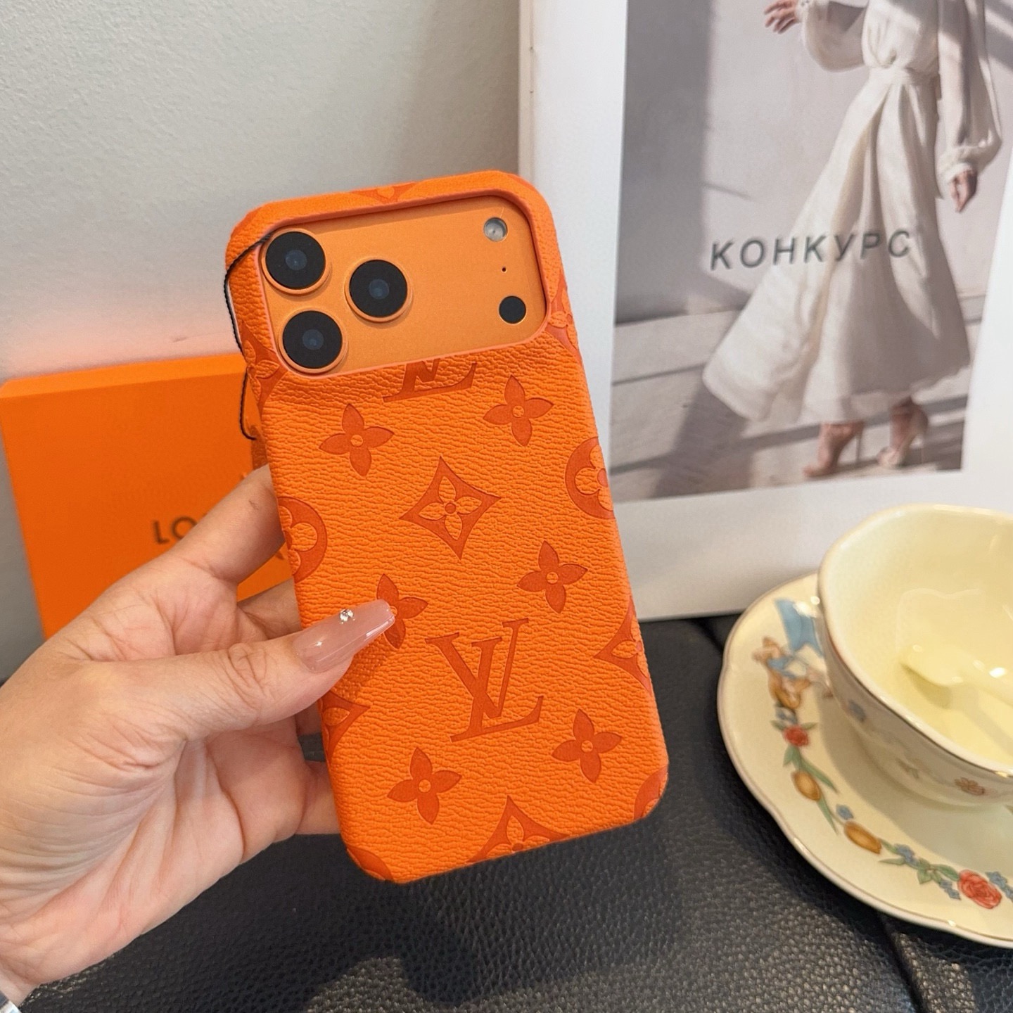 Louis Vuitton Style Embossed Monogram Leather Slim Phone Case