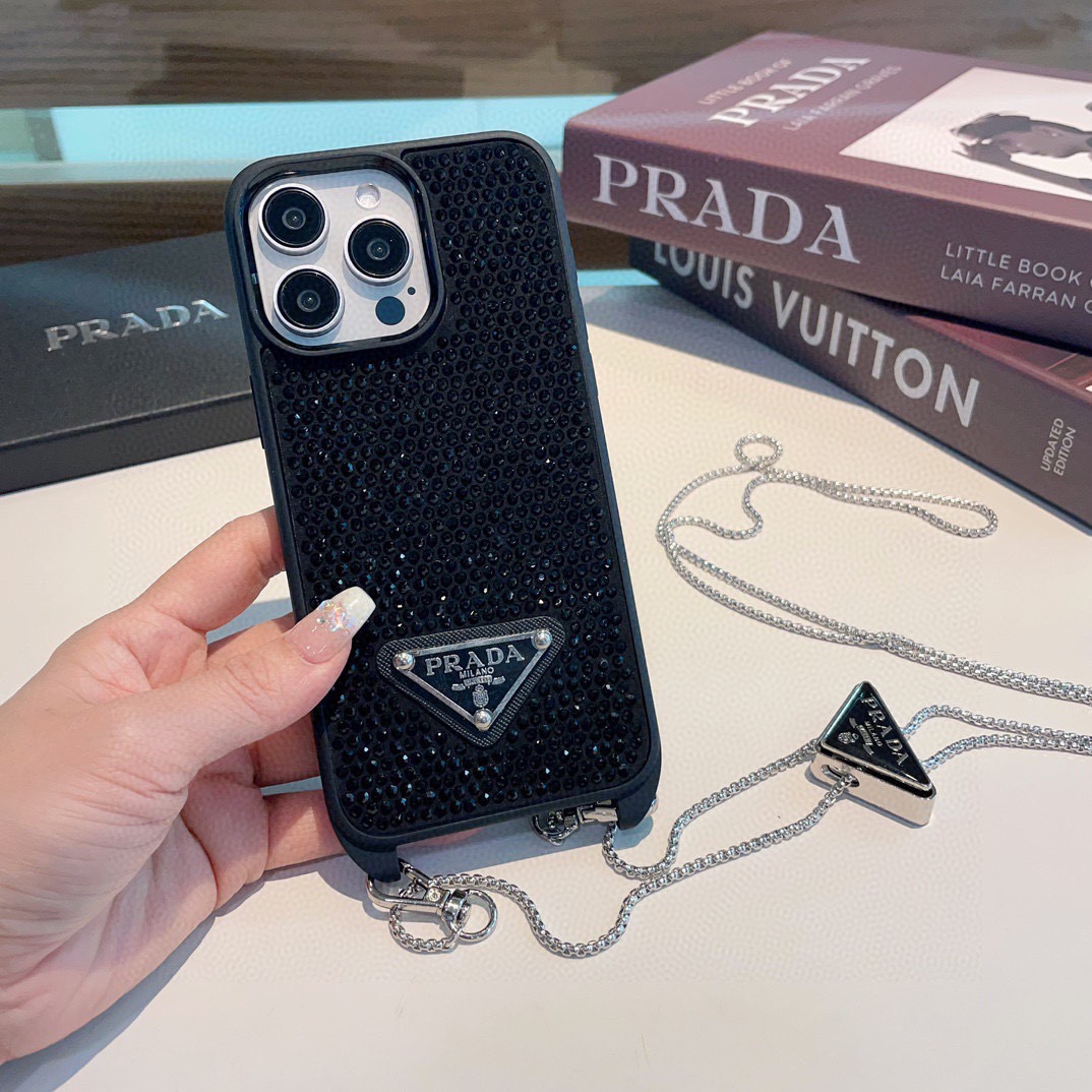 Prada Style Full Diamond Glitter Phone Case With Crossbody Chain Strap
