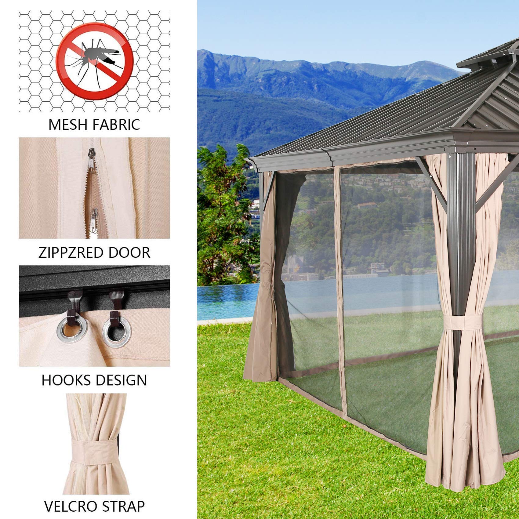 Hardtop Gazebo with Netting and Curtains for Patios