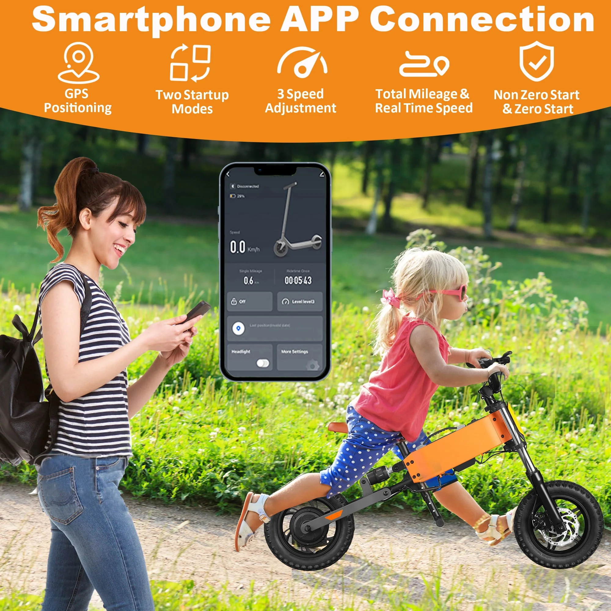 12in Kids Electric Balance Bike, 200W, 24V, Orange