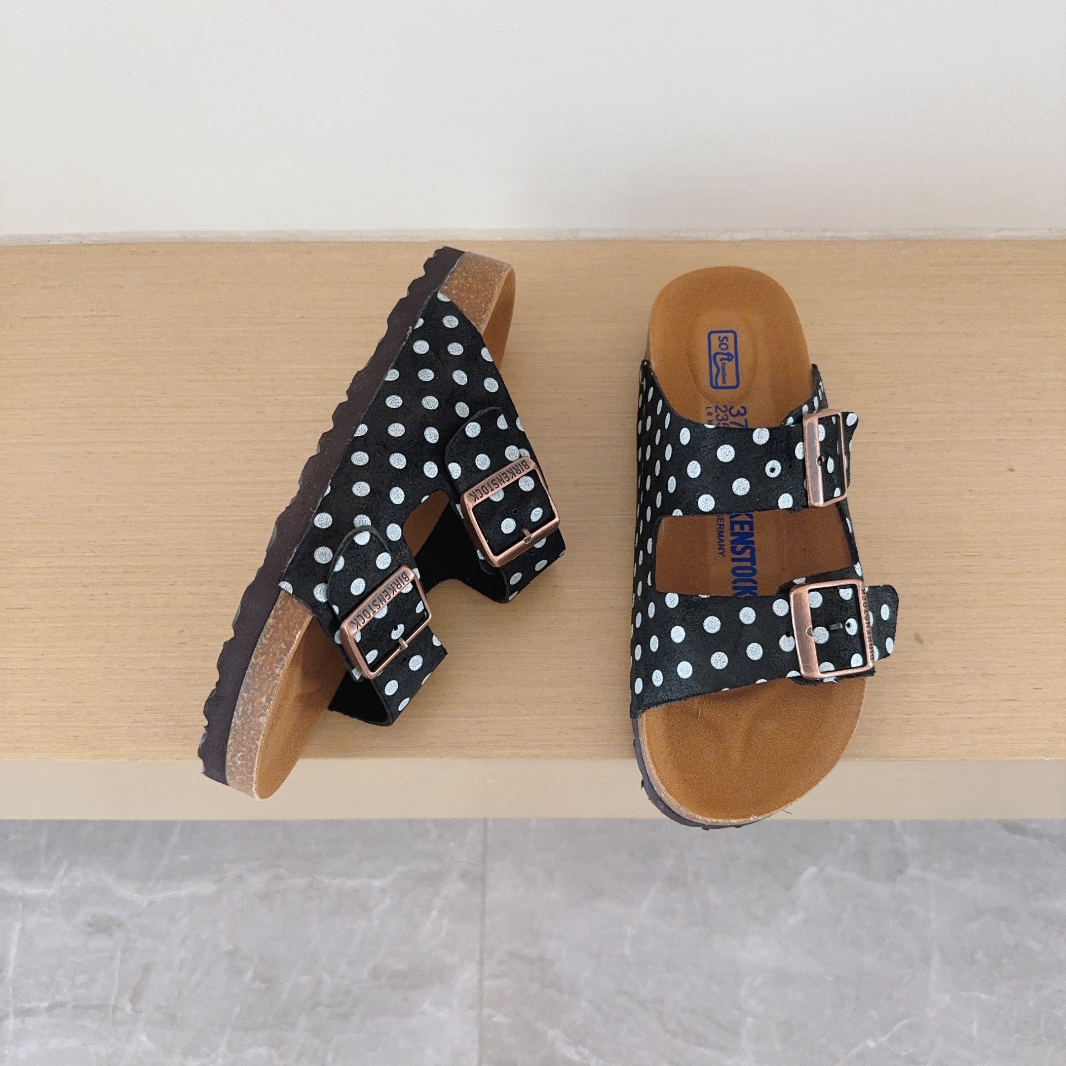 Polka Dot Birken-Style Two-Strap Sandals