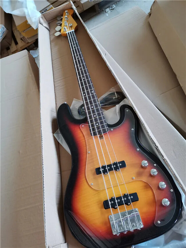 4 Strings Electric Bass Guitar with Flame Maple Veneer, Active Circuit