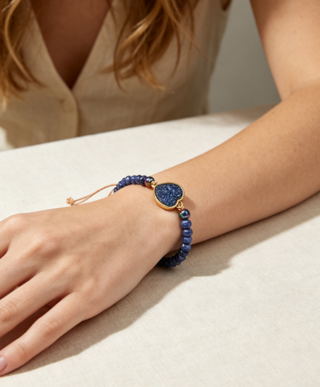 Natural Blue Sodalite Heart Druzy Charm Bracelet Handmade Women Boho Bracelet