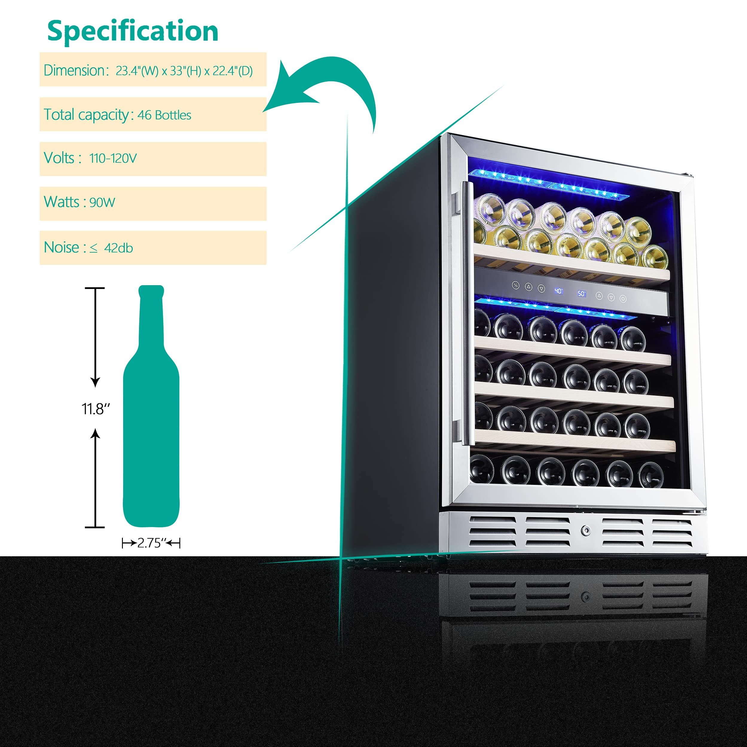 Kalamera 24'' Wine Cooler Refrigerator 46 Bottle Dual Zone