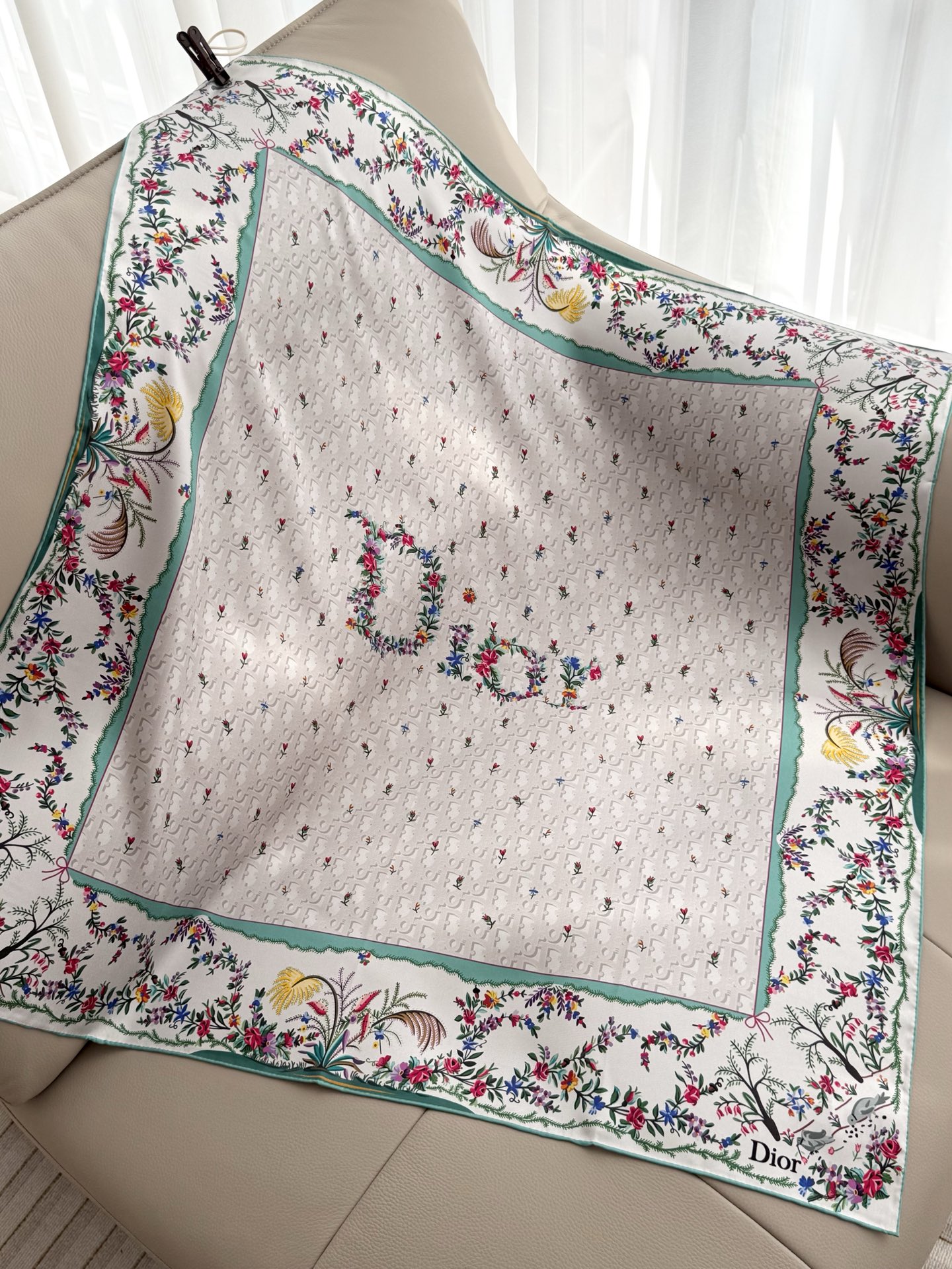 Dior Floral Border Scarf Pink and Grey
