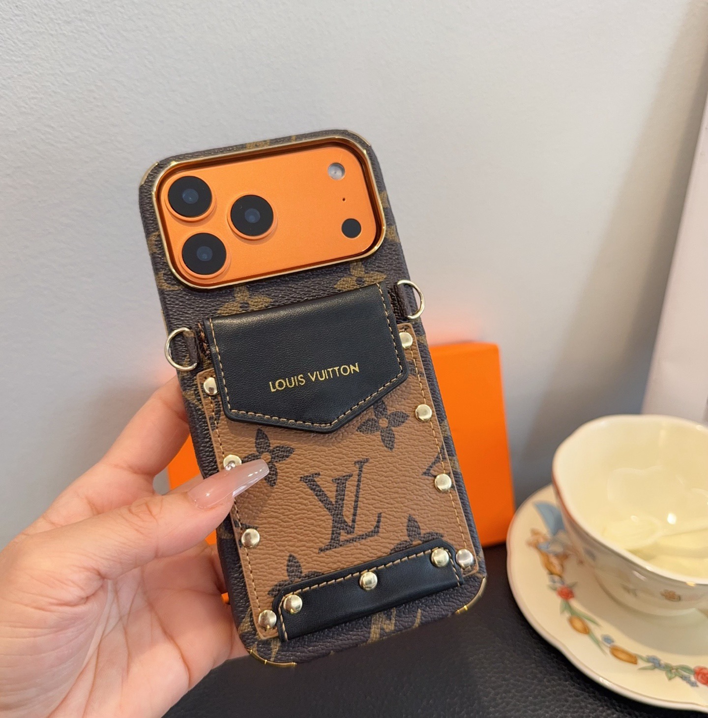Louis Vuitton Style Monogram Card Holder Crossbody Phone Case With Rivet Detail