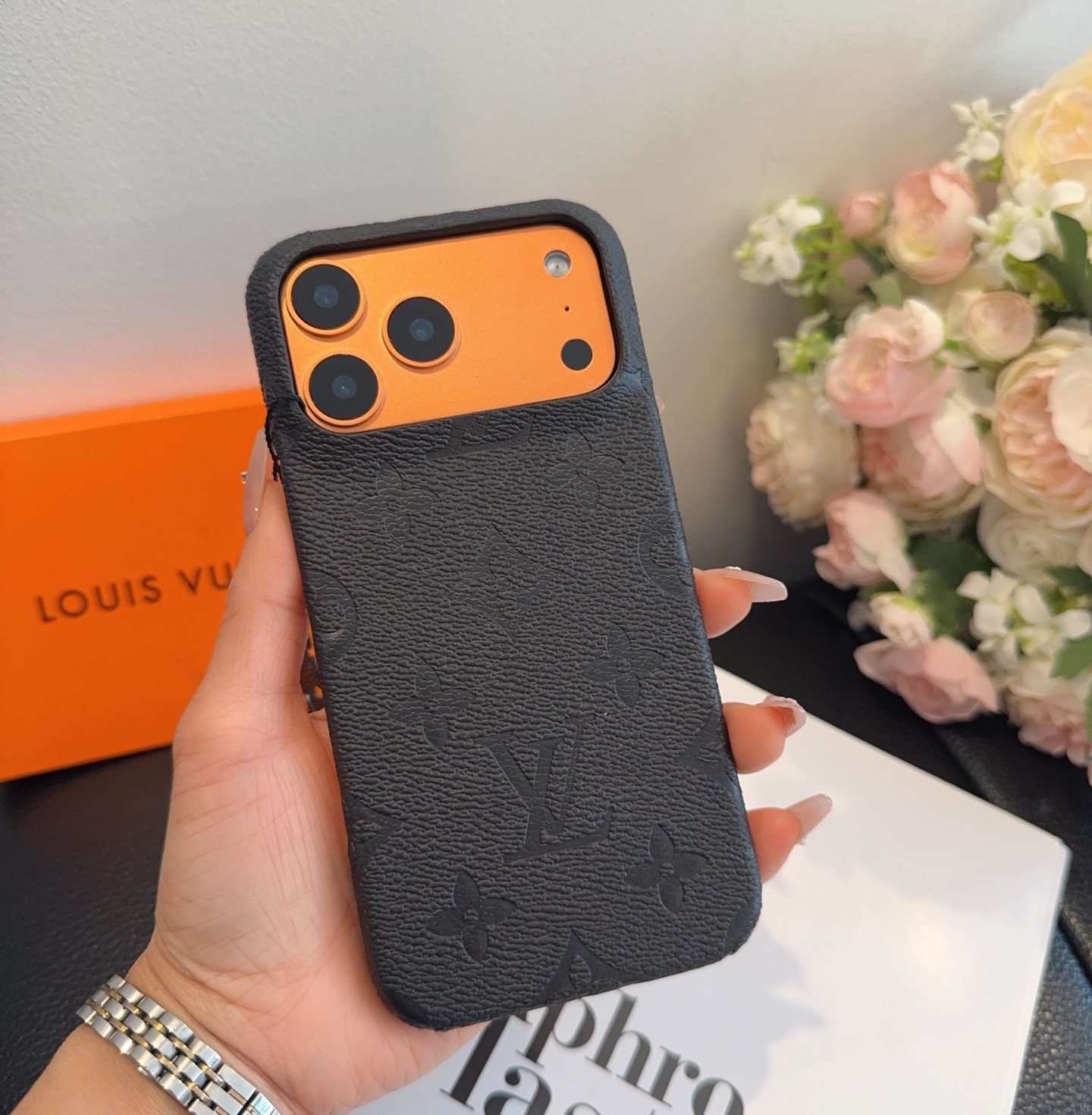 Louis Vuitton Style Embossed Monogram Leather Slim Phone Case