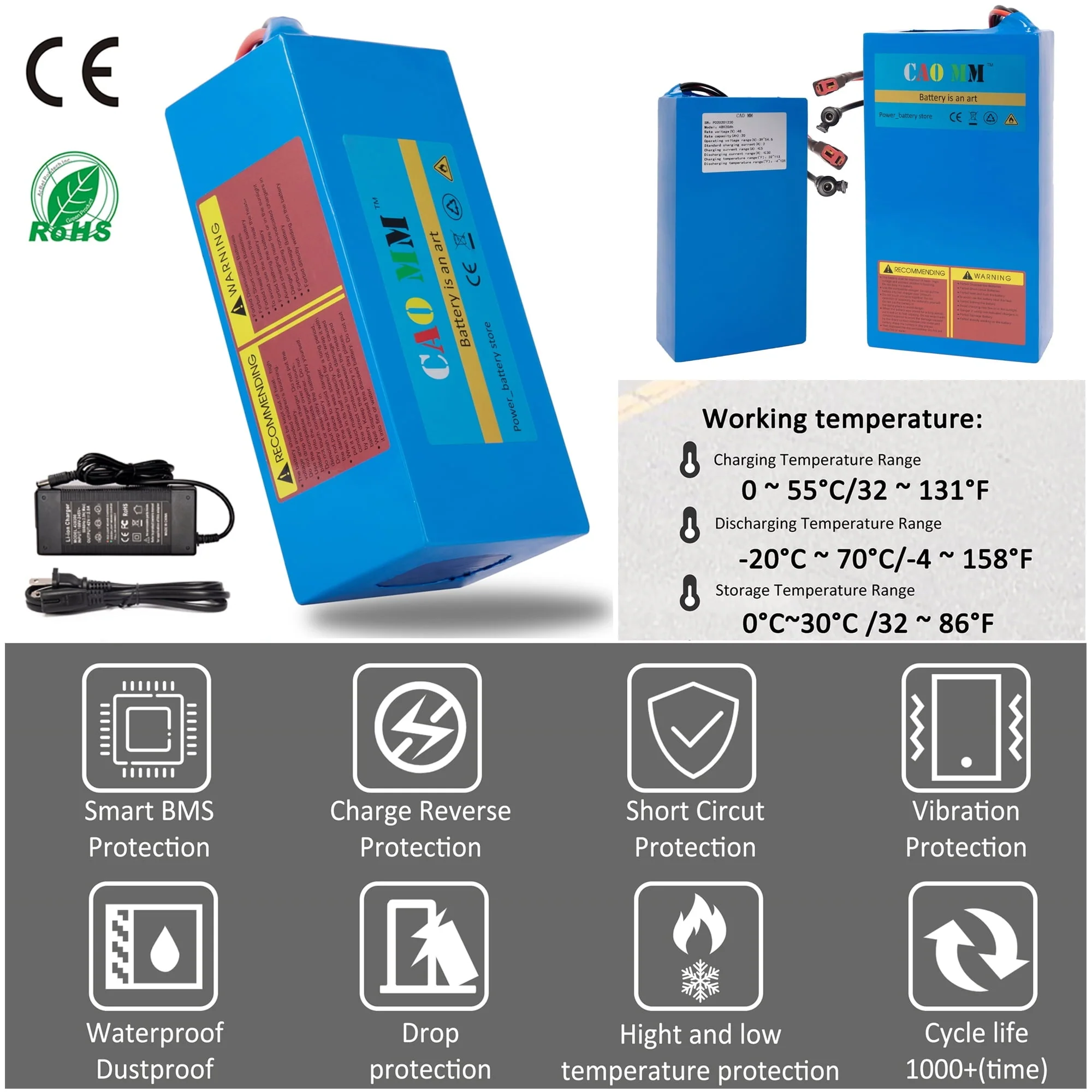 36V 10Ah Lithium E-Bike Battery with Charger, 30A BMS