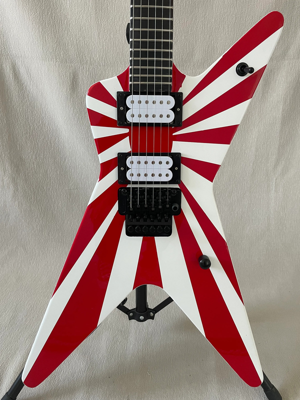 Customized 6-String V-Shaped Painted Electric Guitar, Red Stripe, White Paint