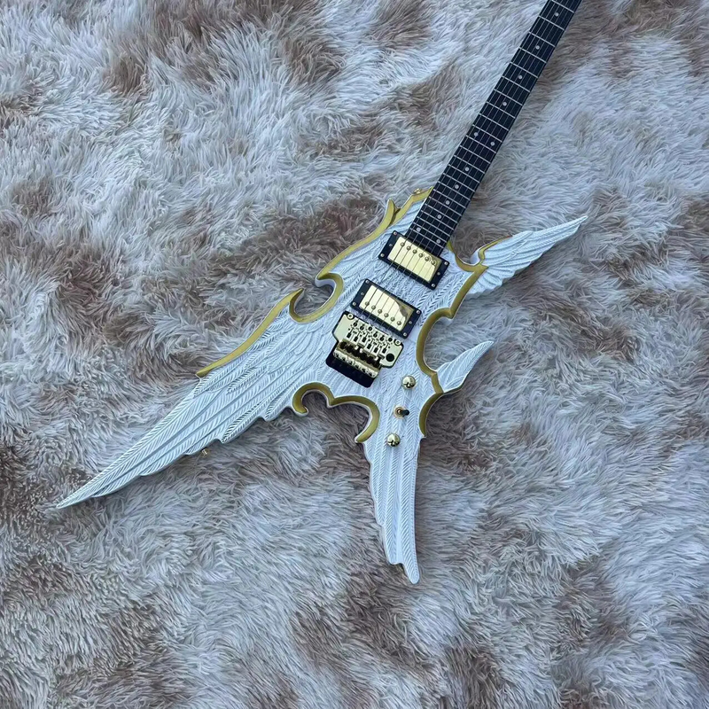 Engraved Angel Wings 6-string Split Electric Guitar, White Body with Gold Rim