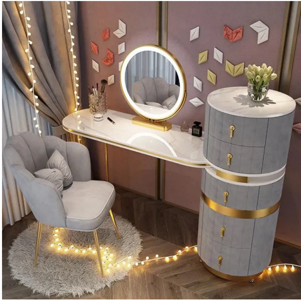 Dressing Table Set with Round Mirror 2 Large Drawers with Round