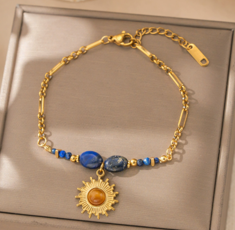 Natural Lapis Lazuli Sun Pendant Bracelet | Gold Plated Stackable Chain Bracelet