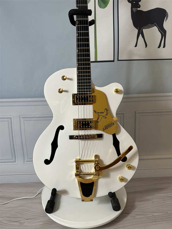 White 6 String Electric Guitar Hollow Body HH Pickup Gold Hardware