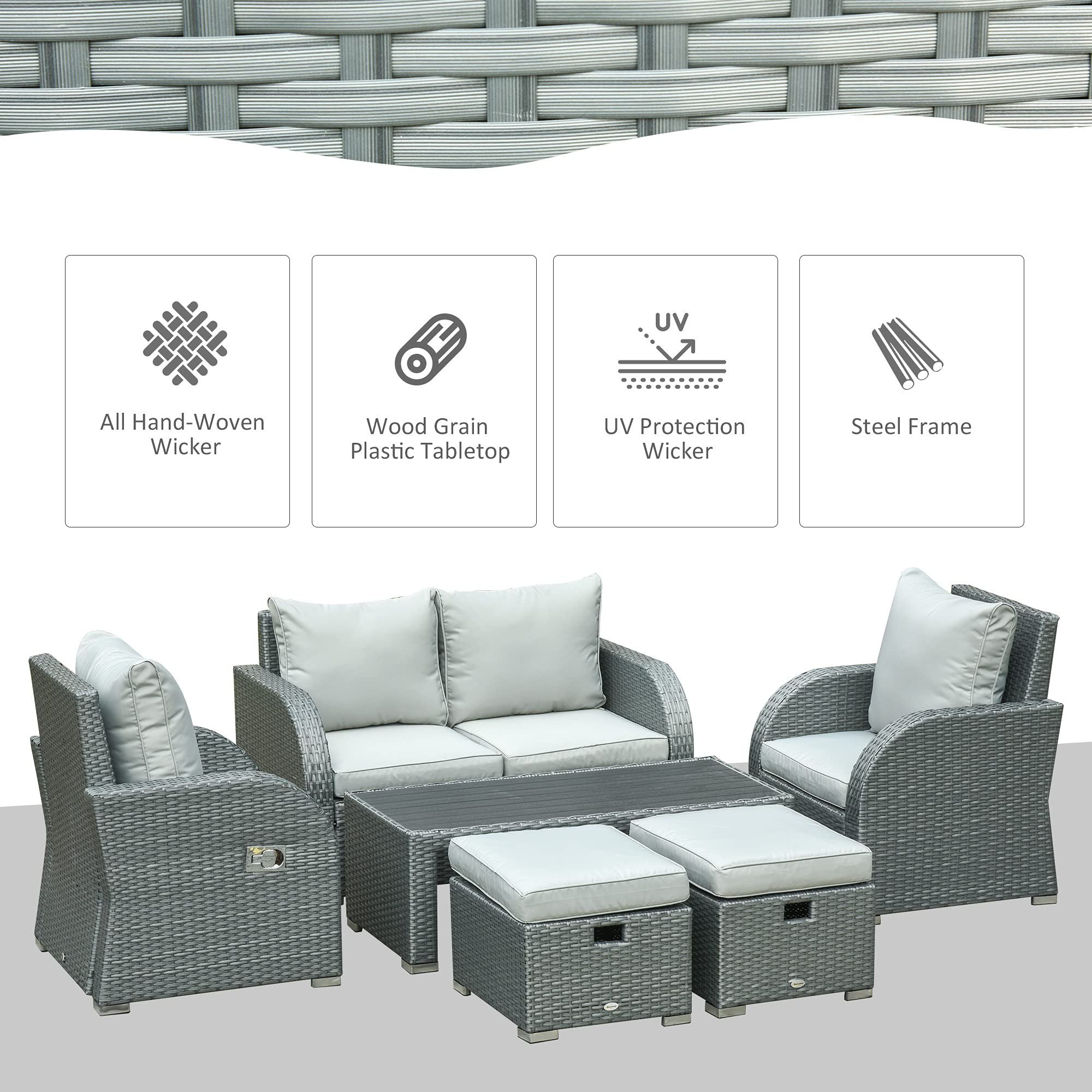 6-PCs Patio Furniture Set Wicker Sofa Set with Tea Table Gas