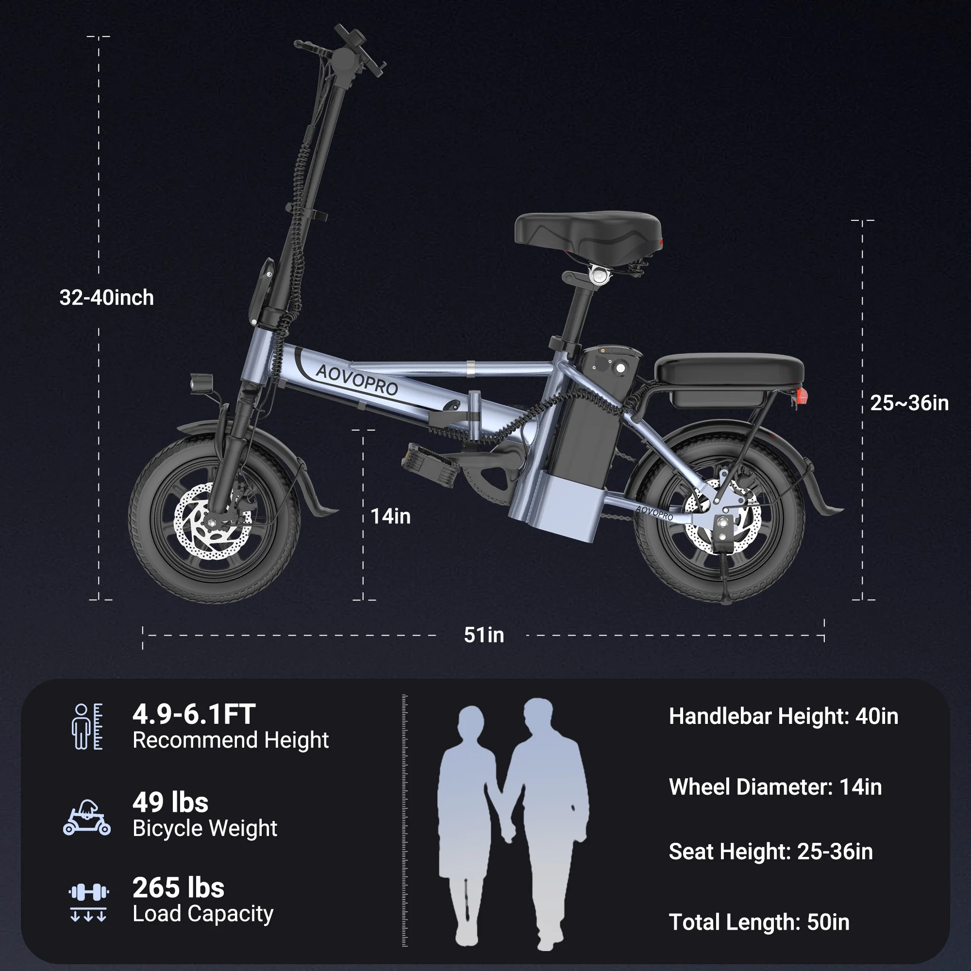 AOVOPRO EB60 14in Folding Electric Bike, 500W, Two Seats
