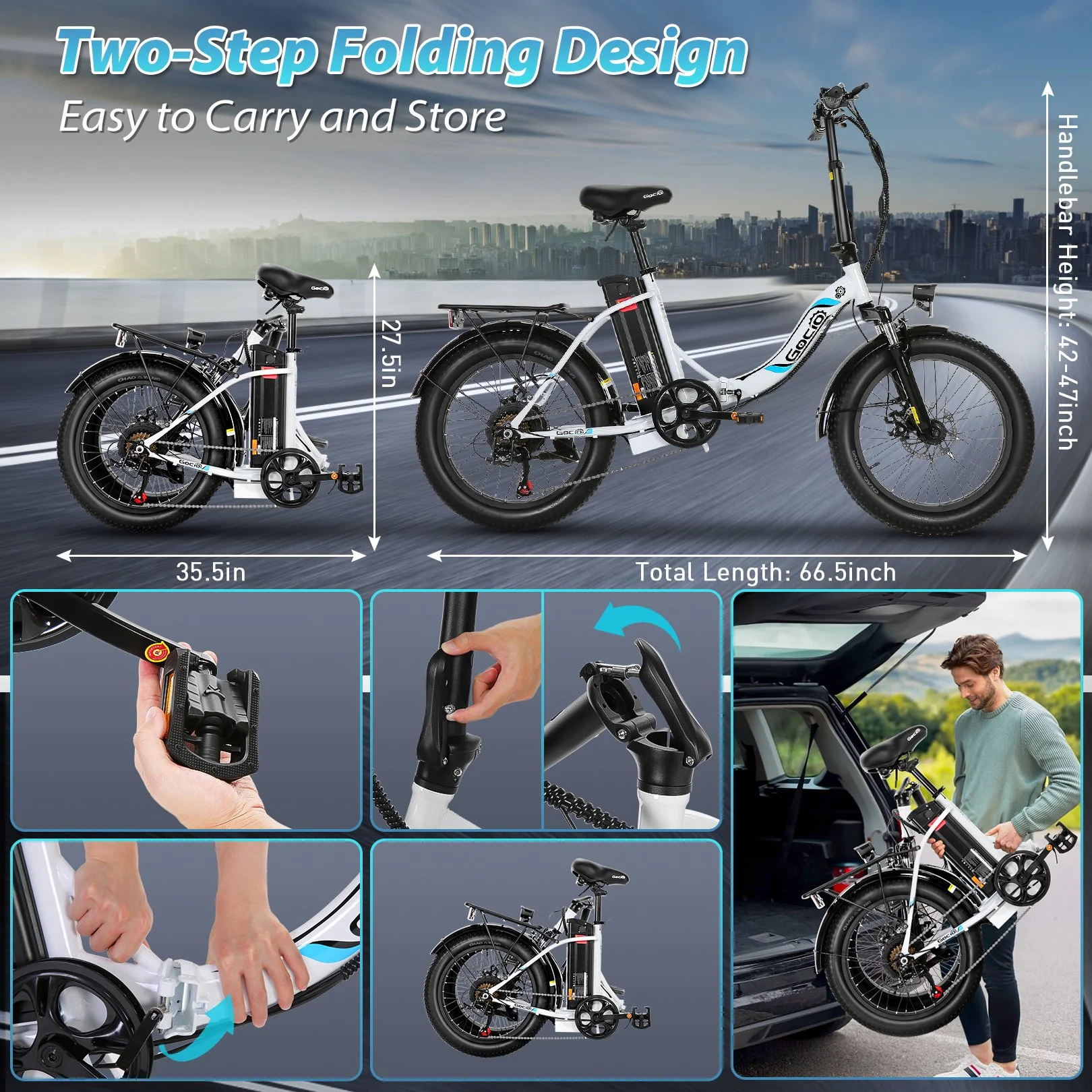 Gocio 20in Folding Electric Commuter Bike, 500W Peak, 48V 10.4Ah