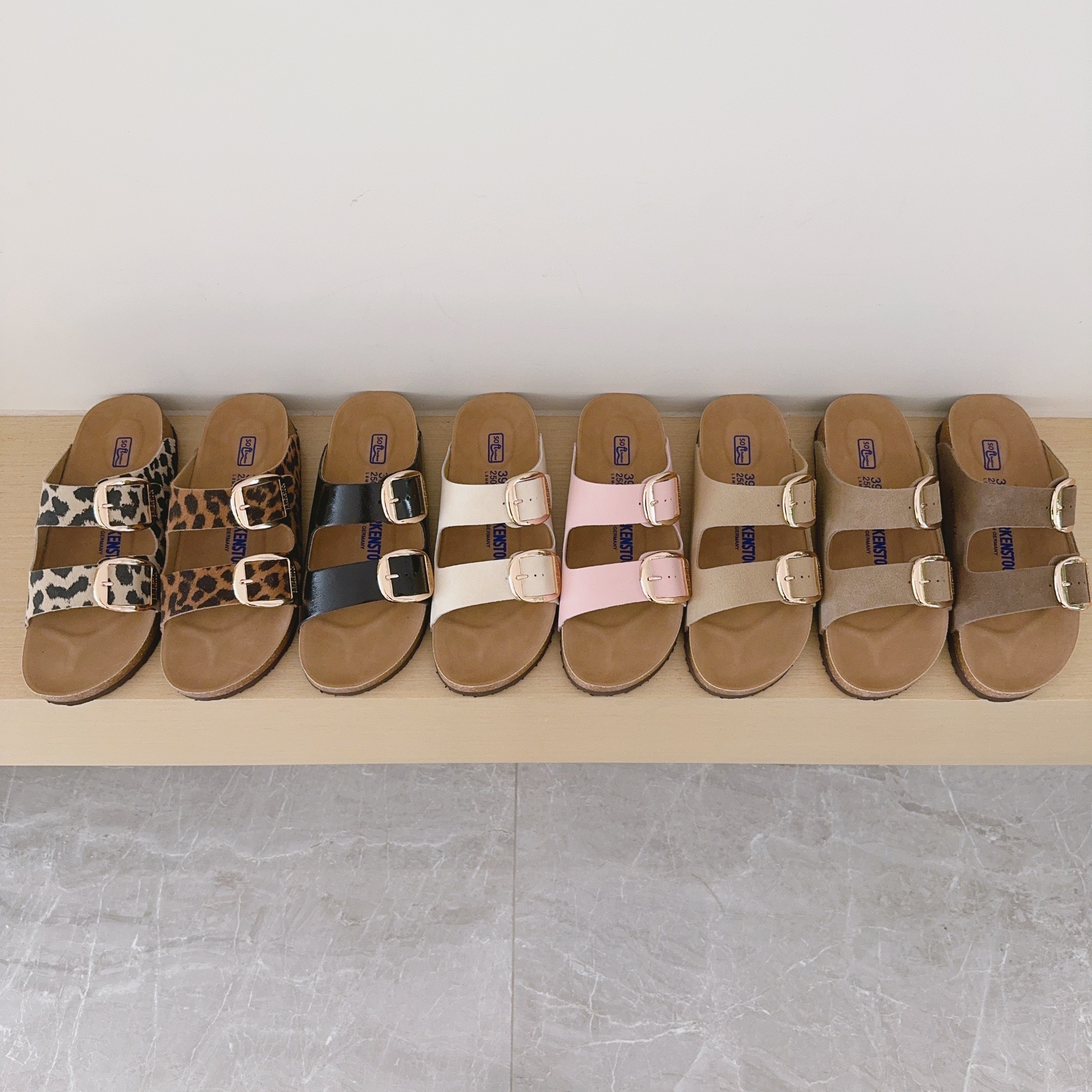 Round Gold Buckle Birken-Style Two-Strap Sandals