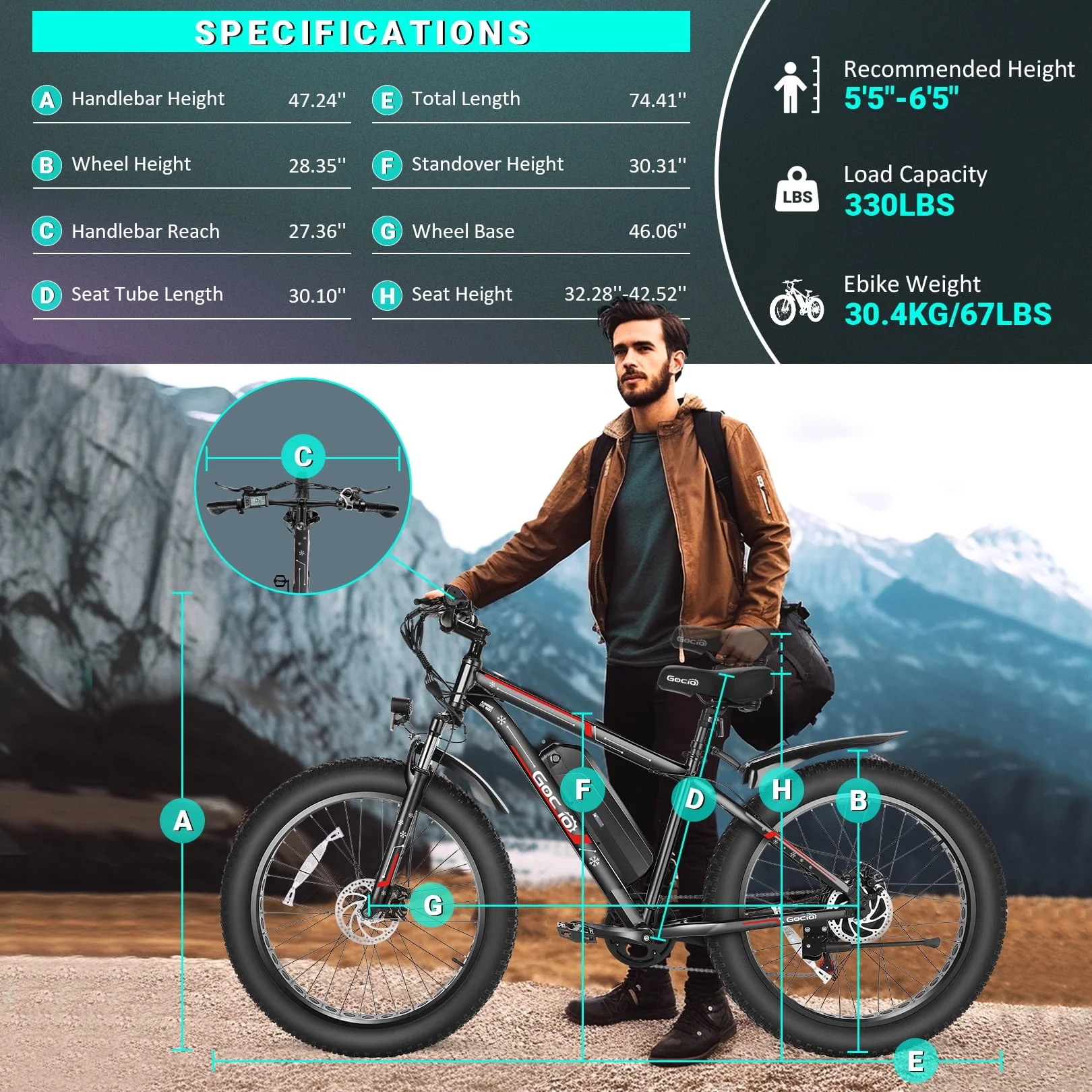 Gocio 26in Fat Tire Electric Mountain Bike, 500W, 48V 13Ah