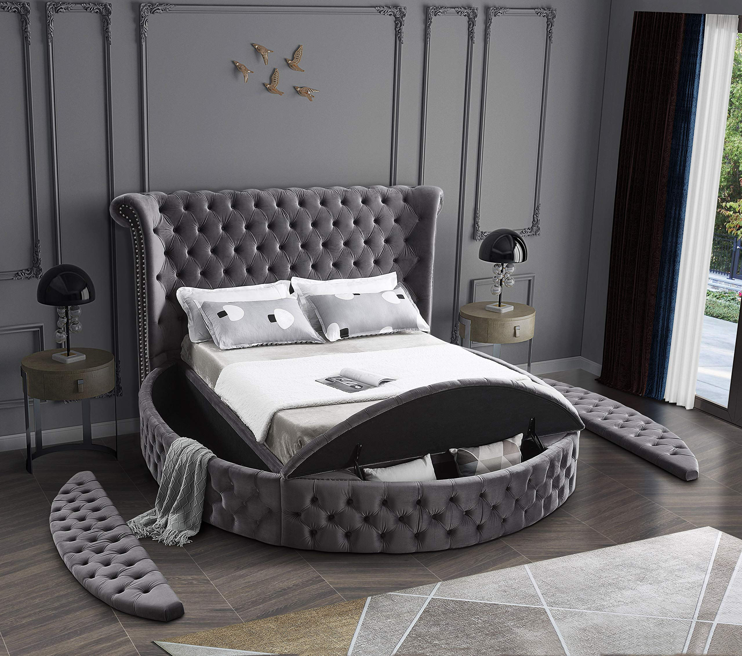Contemporary Round Shaped Velvet Upholstered Bed with Deep
