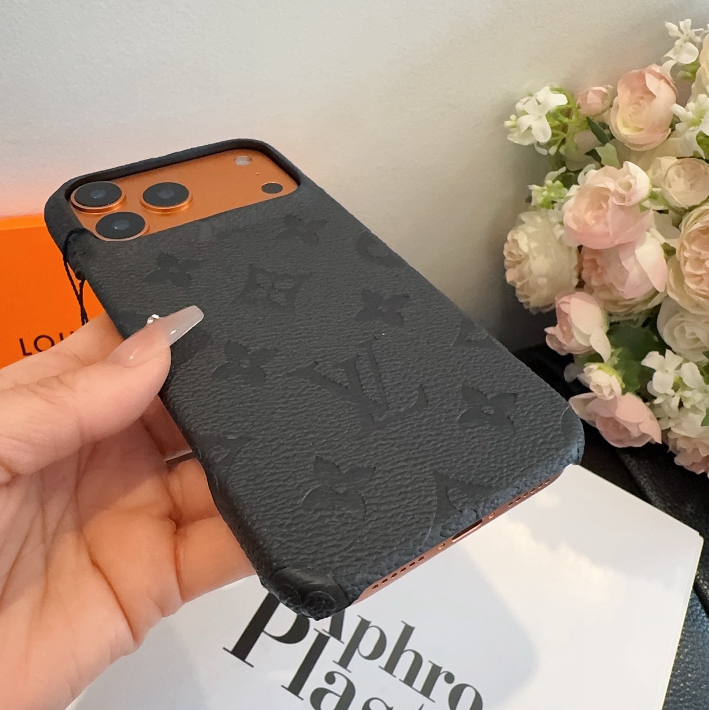 Louis Vuitton Style Embossed Monogram Leather Slim Phone Case