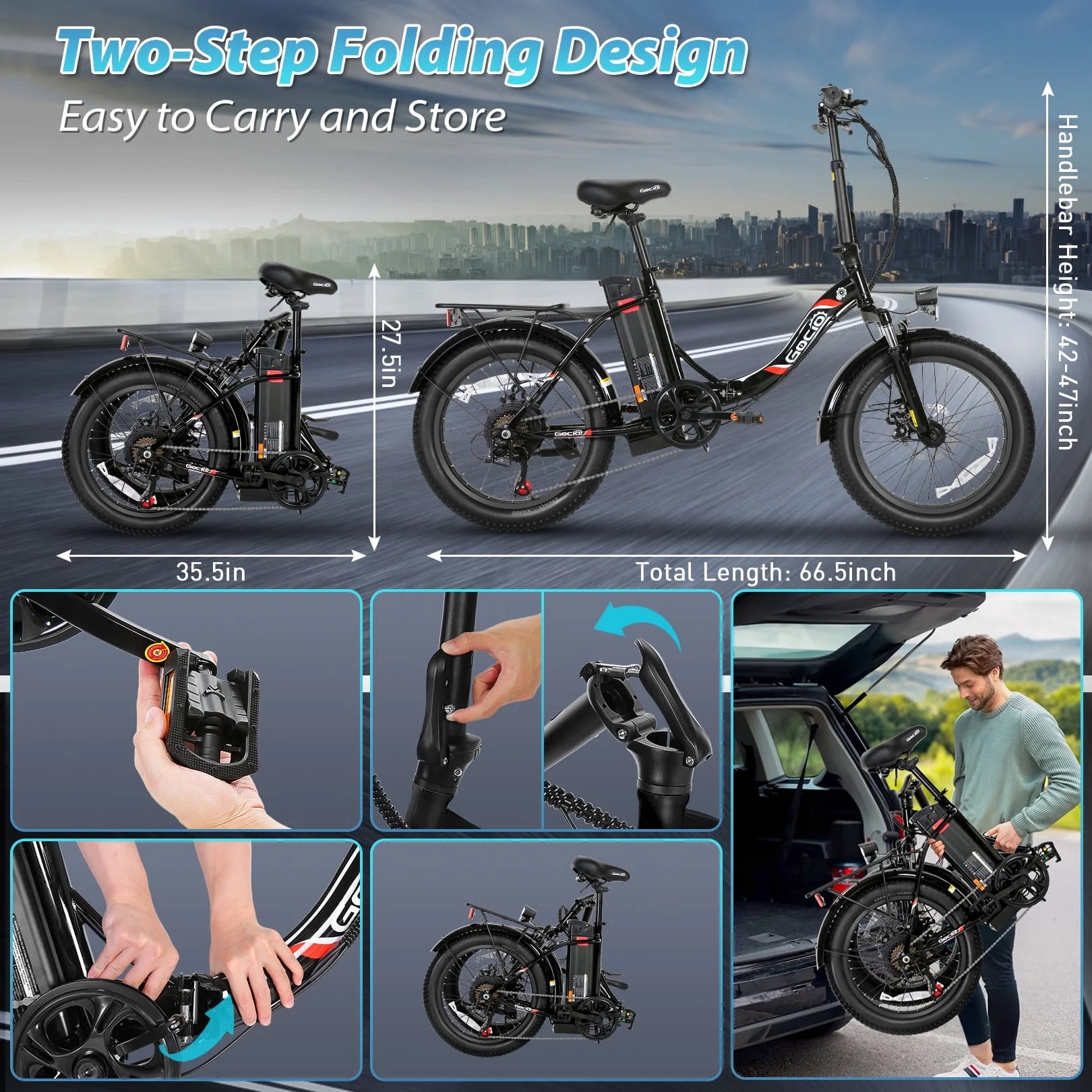 Gocio 20in Folding Electric Commuter Bike, 500W Peak, 48V 10.4Ah