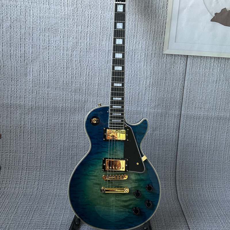 LP Blue Electric Guitar Gold Parts Black Pickguard Fixed Bridge 6 Strings