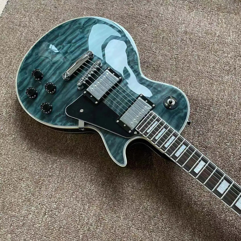 New Customized Electric Guitar Black Blue Flame Maple Top Guitar Chrome Hardware