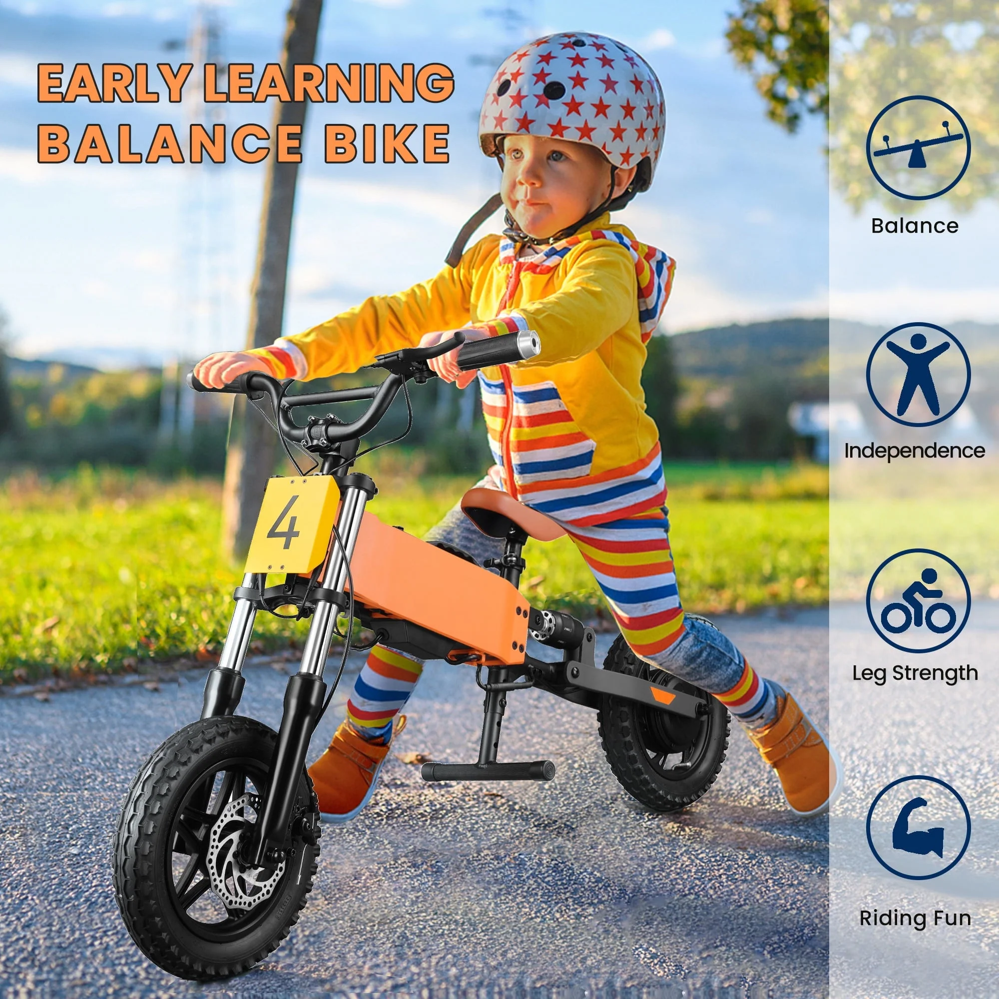 12in Kids Electric Balance Bike, 200W, 24V, Orange