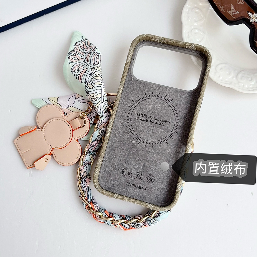 LV Monogram Denim Card Holder Phone Case With Chain Wrist Strap Vivienne Flower Charm