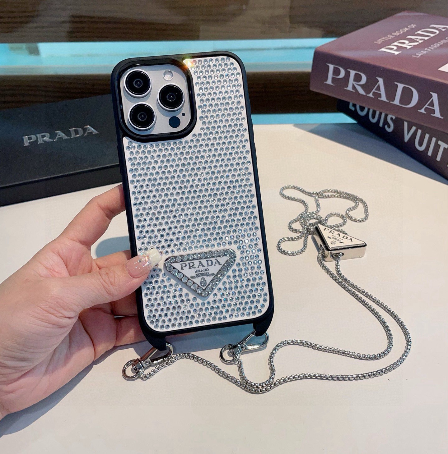 Prada Style Full Diamond Glitter Phone Case With Crossbody Chain Strap