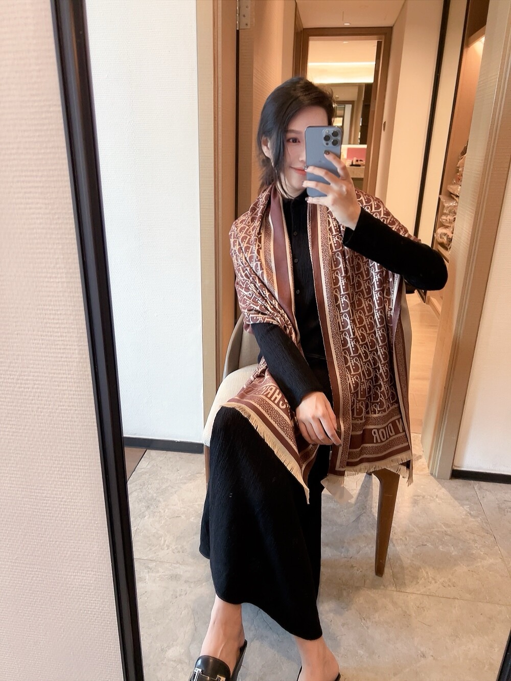 Dior Oblique Scarf Grey and Brown 65 x 180 cm