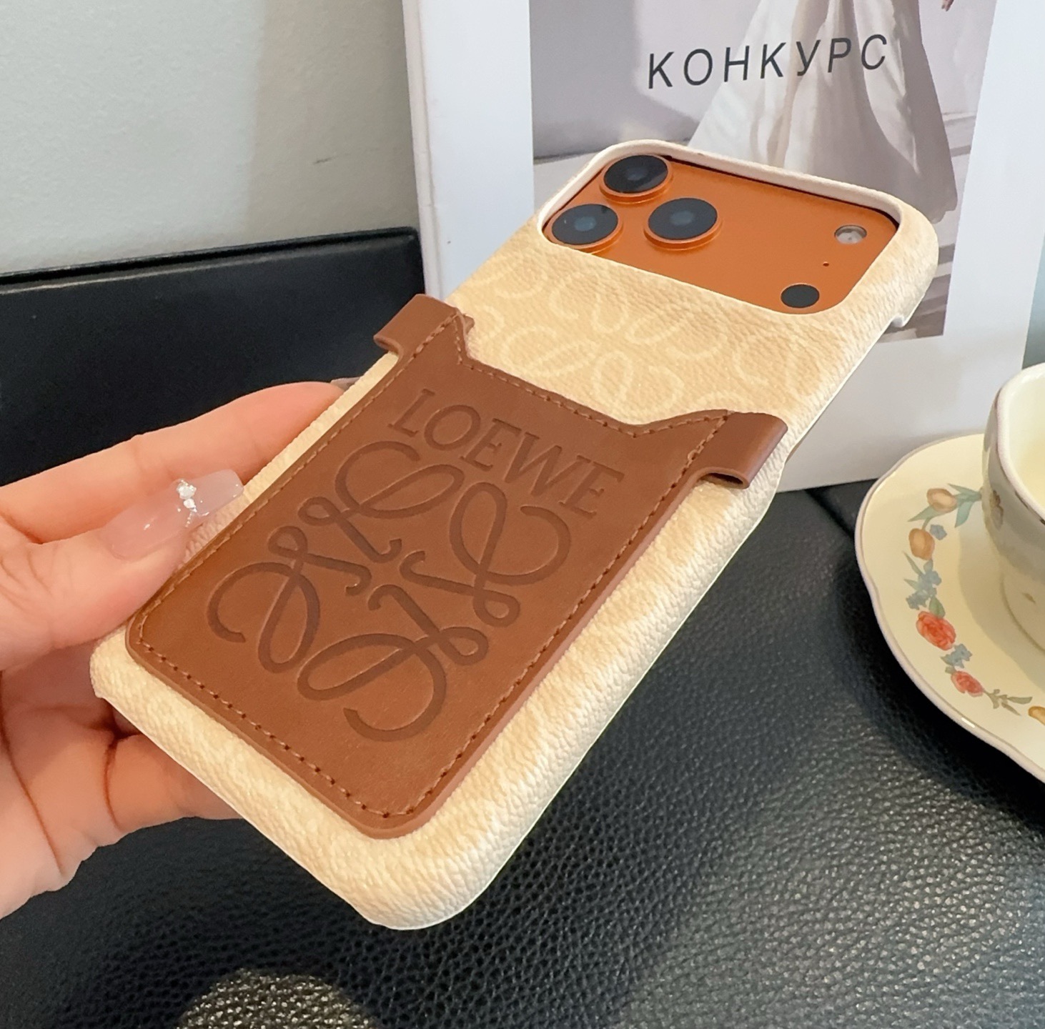 Loewe Style Anagram Embossed Card Holder Crossbody Phone Case