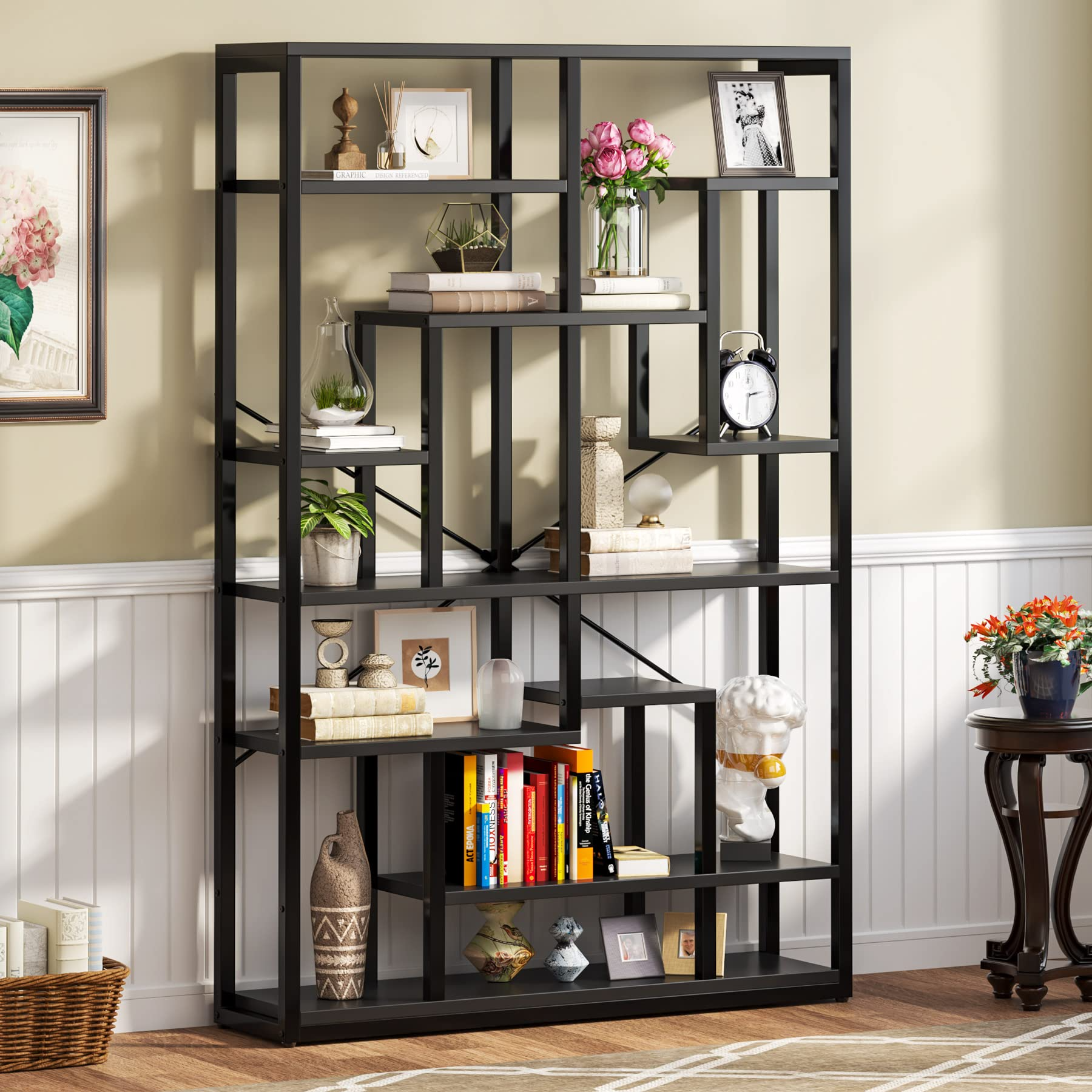 Black Bookshelf 47” Bookcase 9 Tier Tall Book Shelf Rustic