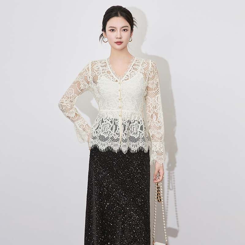 Women Summer White Eyelet Lace Shirt Cardigan V-neck Button Flare Sleeve Cover Ups Elegant Lady Sexy Sheer Top