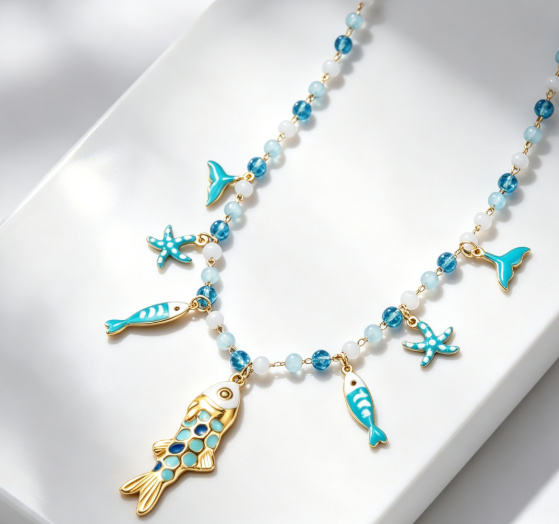 Boho Sea Creature Charm Necklace Blue Crystal Bead Mermaid Tail Statement Necklace