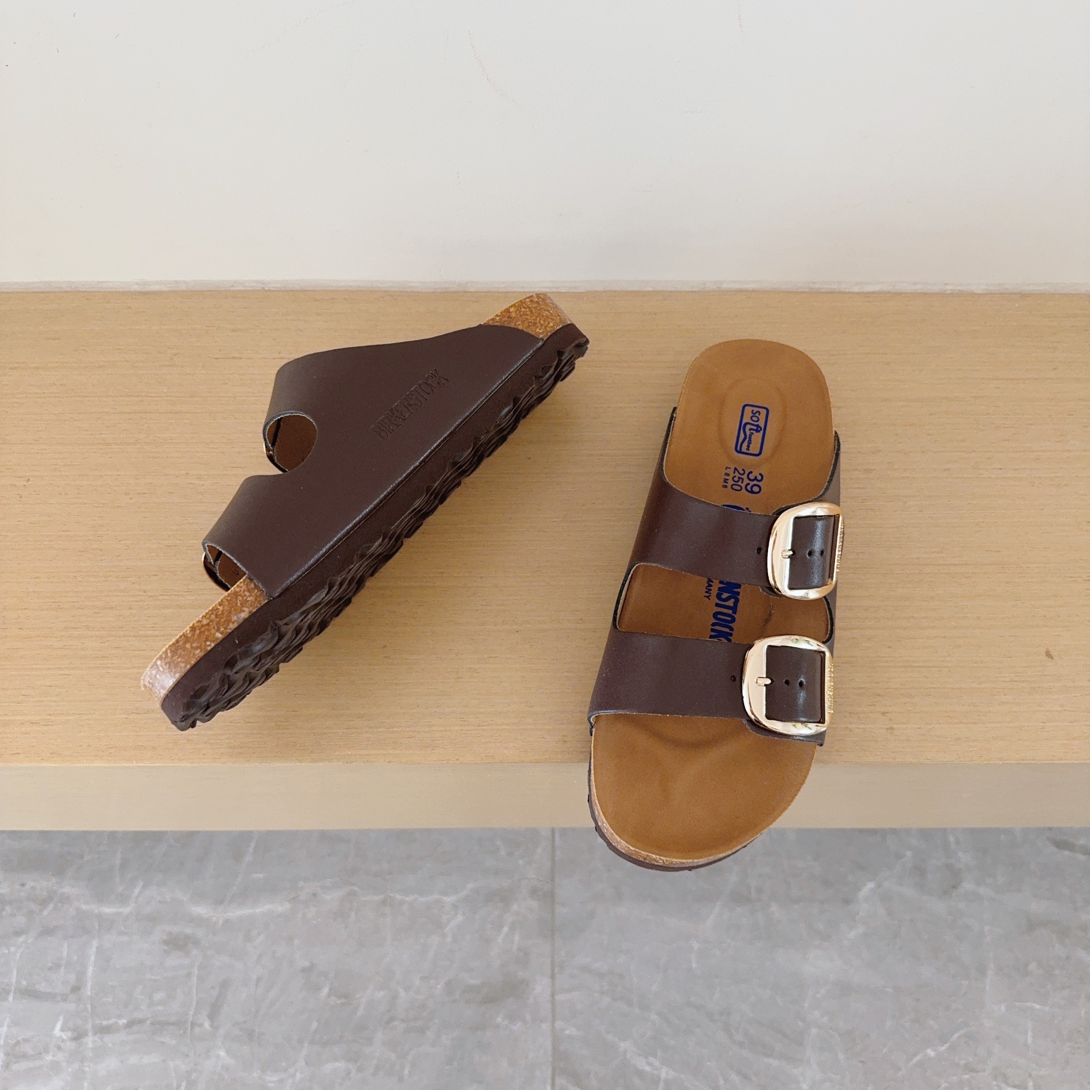 Round Gold Buckle Birken-Style Two-Strap Sandals