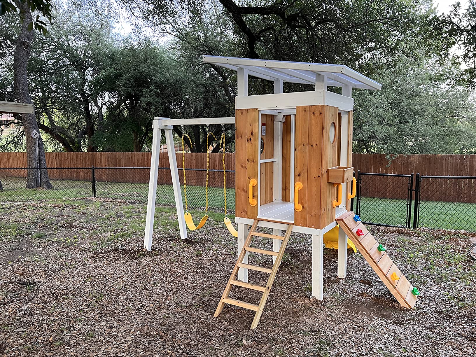 Modern Backyard Swing Set Children's Rock Climbing Wood