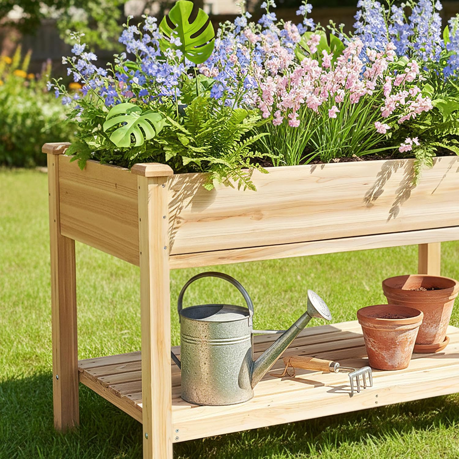 QIHAI Outdoor Wood Raised Garden Bed,Storage Shelf, Elevated Reinforced Large Planter Box for Vegetable Flower Backyard Patio Gardening Balcony,48x23x31.1-inch