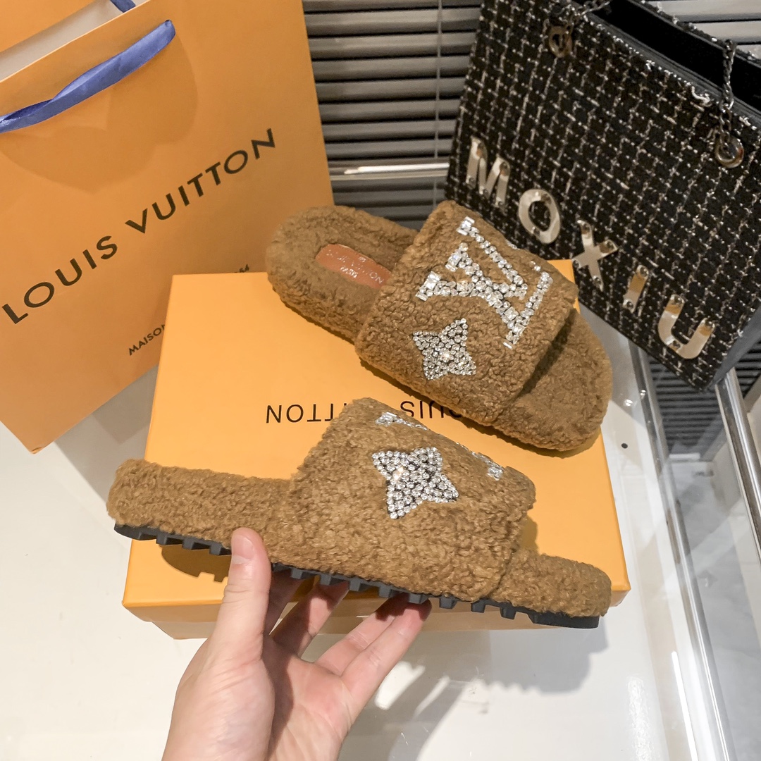 Louis Vuitton Style Shearling Slide Slippers with Crystal Strass LV Monogram