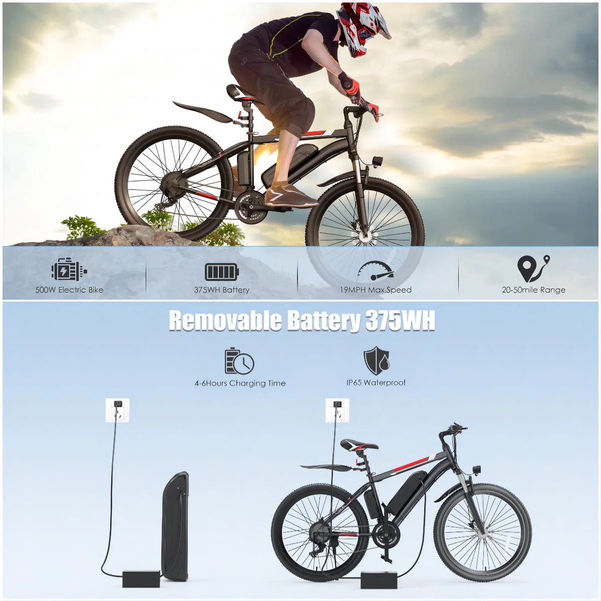 Elifine 26in Electric Mountain Bike, 500W, 48V 7.8Ah