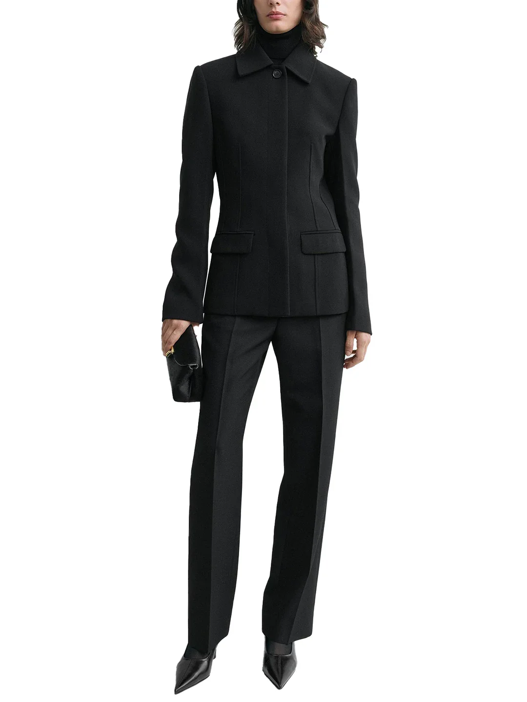 Waist-cinching black lapel long-sleeve outerwear