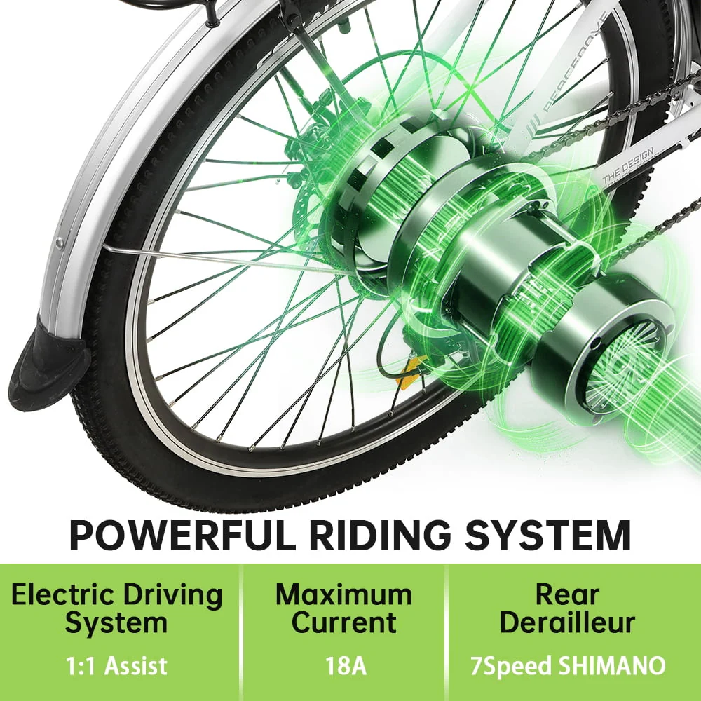 26in Step-Through Electric City Bike with Basket, 350W, 36V 10Ah, White