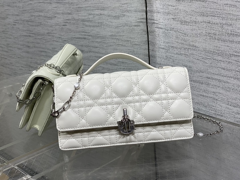 Dior Caro Chain Shoulder Bag White Silver Hardware