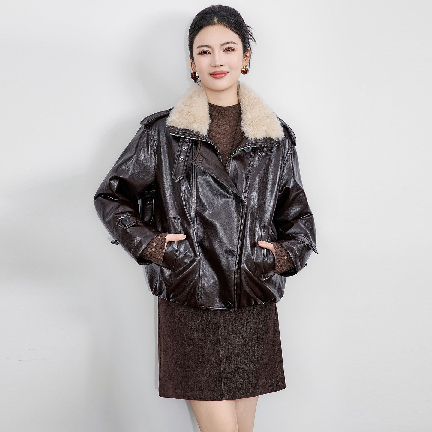 Women's Notch Lapel Protein Leather Down Jacket - White Duck Down Fill for Warm Coats